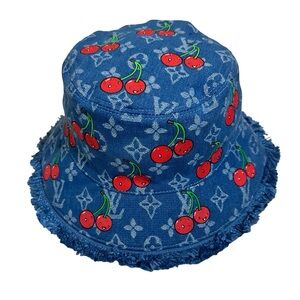 Denim Monogram Cherries Frayed Edge Bucket Hat